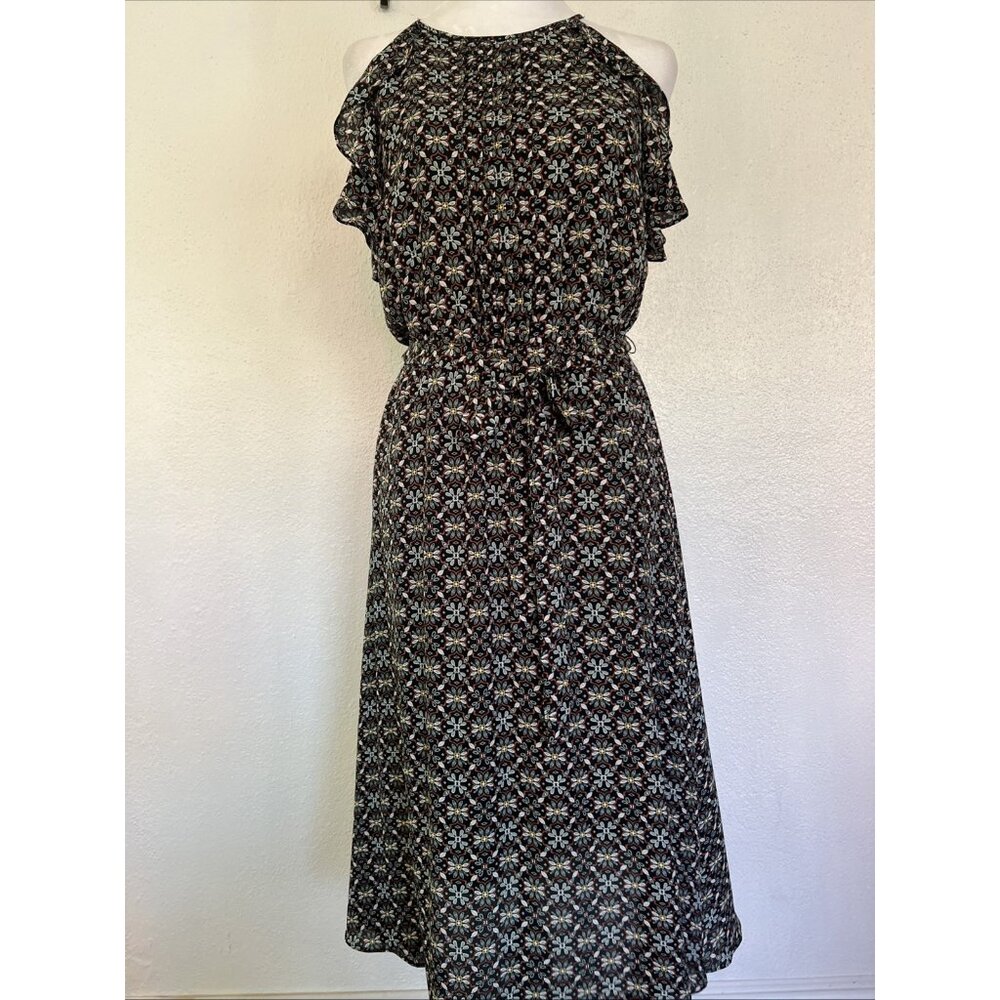 DR2 Navy Black Ditsy Floral Halter Flared Sleeves Slit Midi Dress Size Small‎